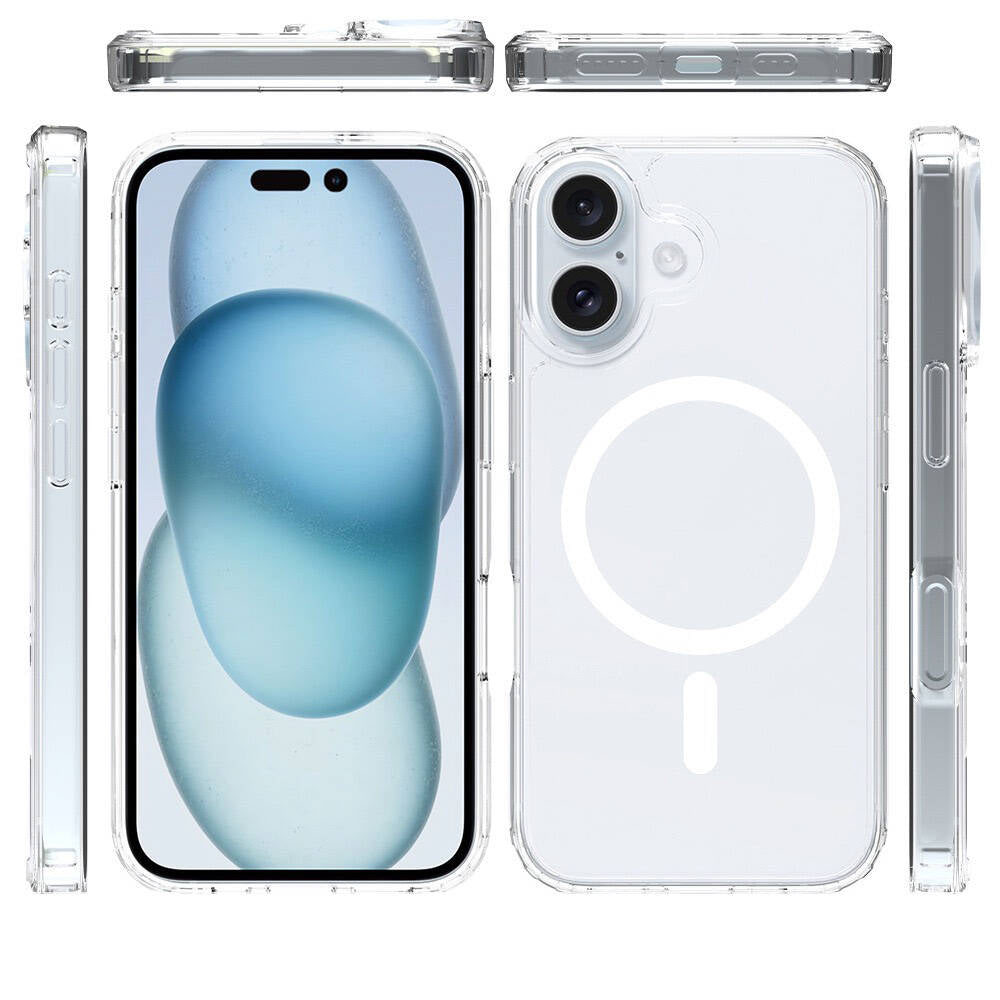 Apple iPhone 16 Kılıf M-safe Şarj Özellikli Şeffaf Sert PC Zore Embos Kapak Şeffaf