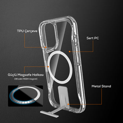 Apple iPhone 16 Kılıf M-safe Şarj Özellikli Zore T-Max Standlı Kapak Şeffaf