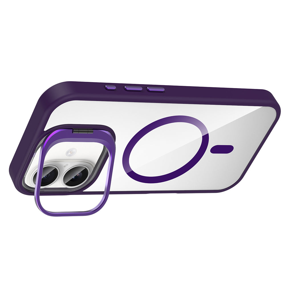 Apple iPhone 16 Kılıf Standlı ve Kamera Lens Hediyeli M-Safe Şarj Özellikli Zore Etro Kapak Derin Mor