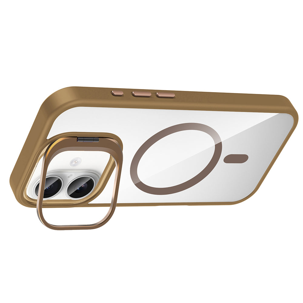 Apple iPhone 16 Kılıf Standlı ve Kamera Lens Hediyeli M-Safe Şarj Özellikli Zore Etro Kapak Gri