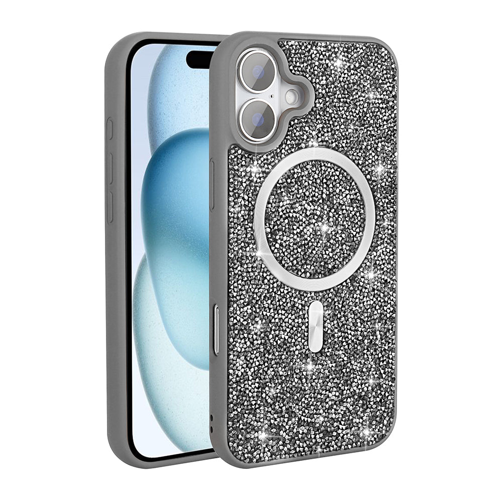 Apple iPhone 16 Plus Kılıf Pırlanta Tasarımlı M-safe Şarj Özellikli Zore Mozaik Silikon Kapak Titanyum-Gri