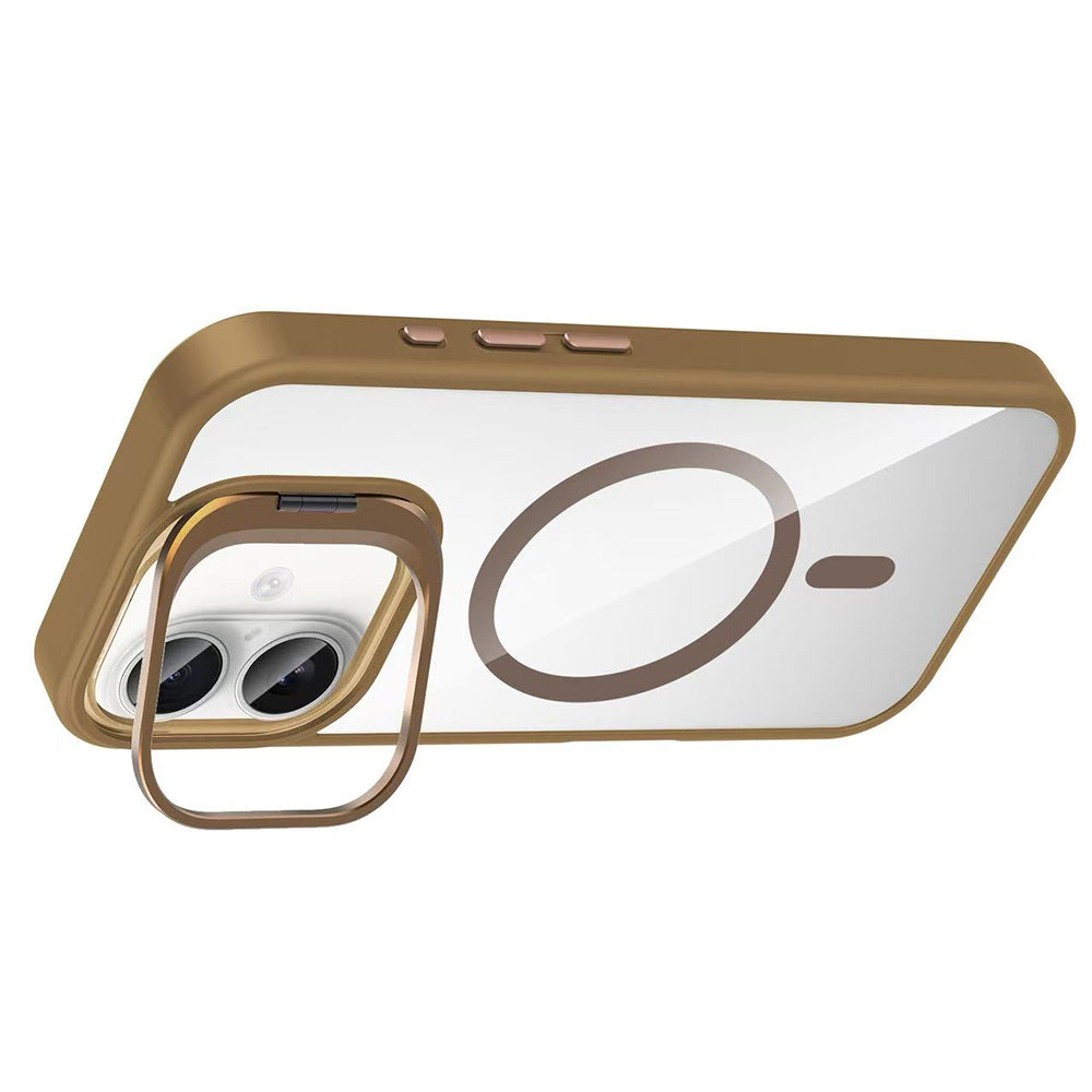 Apple iPhone 16 Plus Kılıf Standlı ve Kamera Lens Hediyeli M-Safe Şarj Özellikli Zore Etro Kapak Desert Titanyum