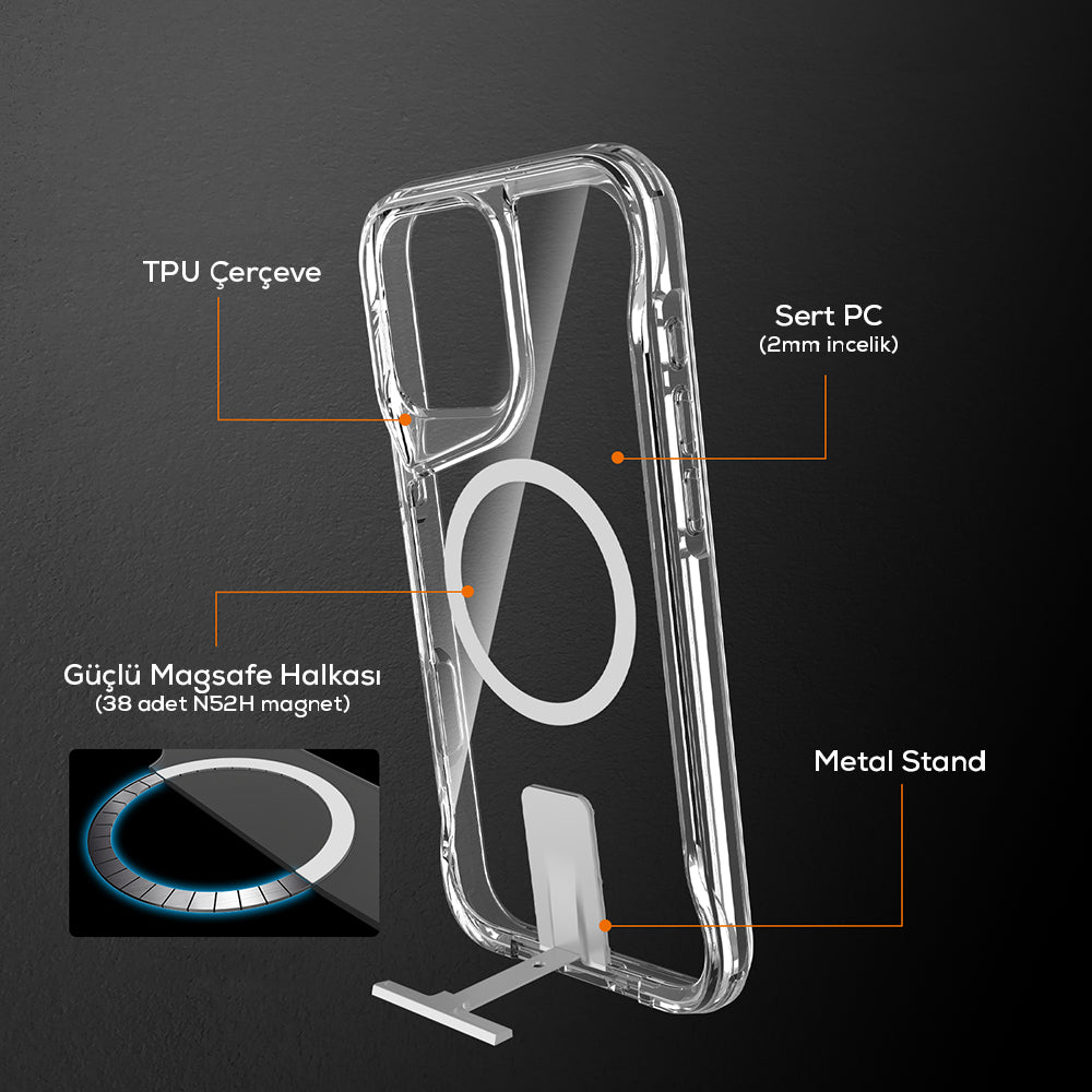 Apple iPhone 16 Pro Kılıf M-safe Şarj Özellikli Zore T-Max Standlı Kapak Şeffaf