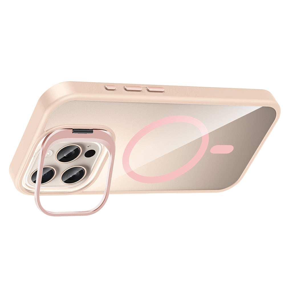 Apple iPhone 16 Pro Max Kılıf Standlı ve Kamera Lens Hediyeli M-Safe Şarj Özellikli Zore Etro Kapak Pembe