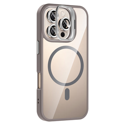 Apple iPhone 16 Pro Max Kılıf Standlı ve Kamera Lens Hediyeli M-Safe Şarj Özellikli Zore Etro Kapak Pembe