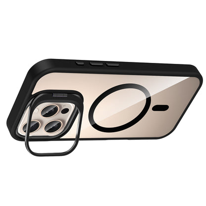 Apple iPhone 16 Pro Max Kılıf Standlı ve Kamera Lens Hediyeli M-Safe Şarj Özellikli Zore Etro Kapak Pembe