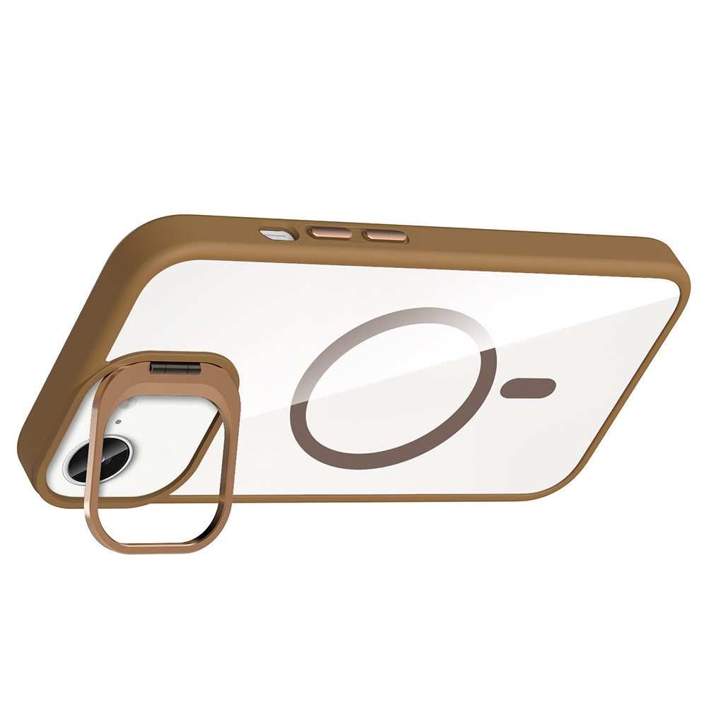 Apple iPhone 16E Kılıf Standlı ve Kamera Lens Hediyeli M-Safe Şarj Özellikli Zore Etro Kapak Gri