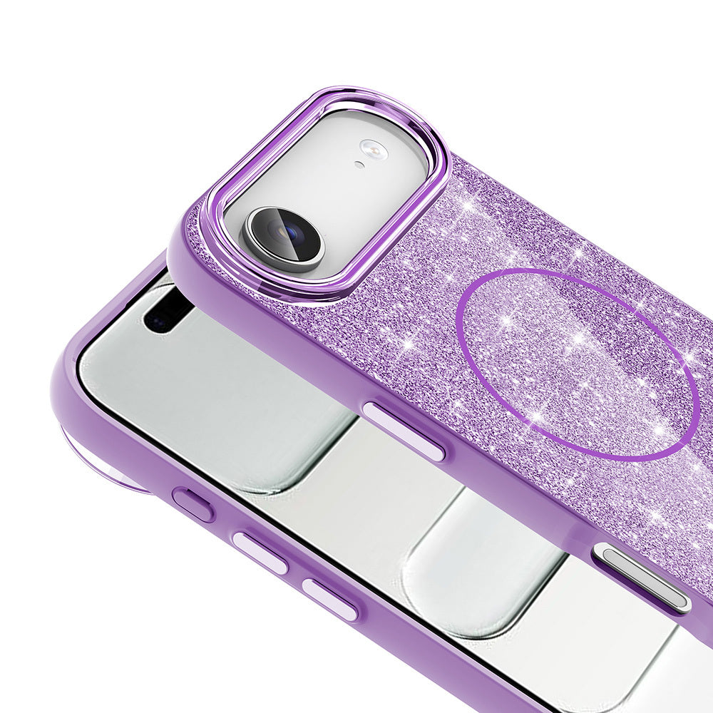 Apple iPhone 17 Air Kılıf M-safe Şarj Özellikli Parlayan Simli Zore Okso Kapak Pembe