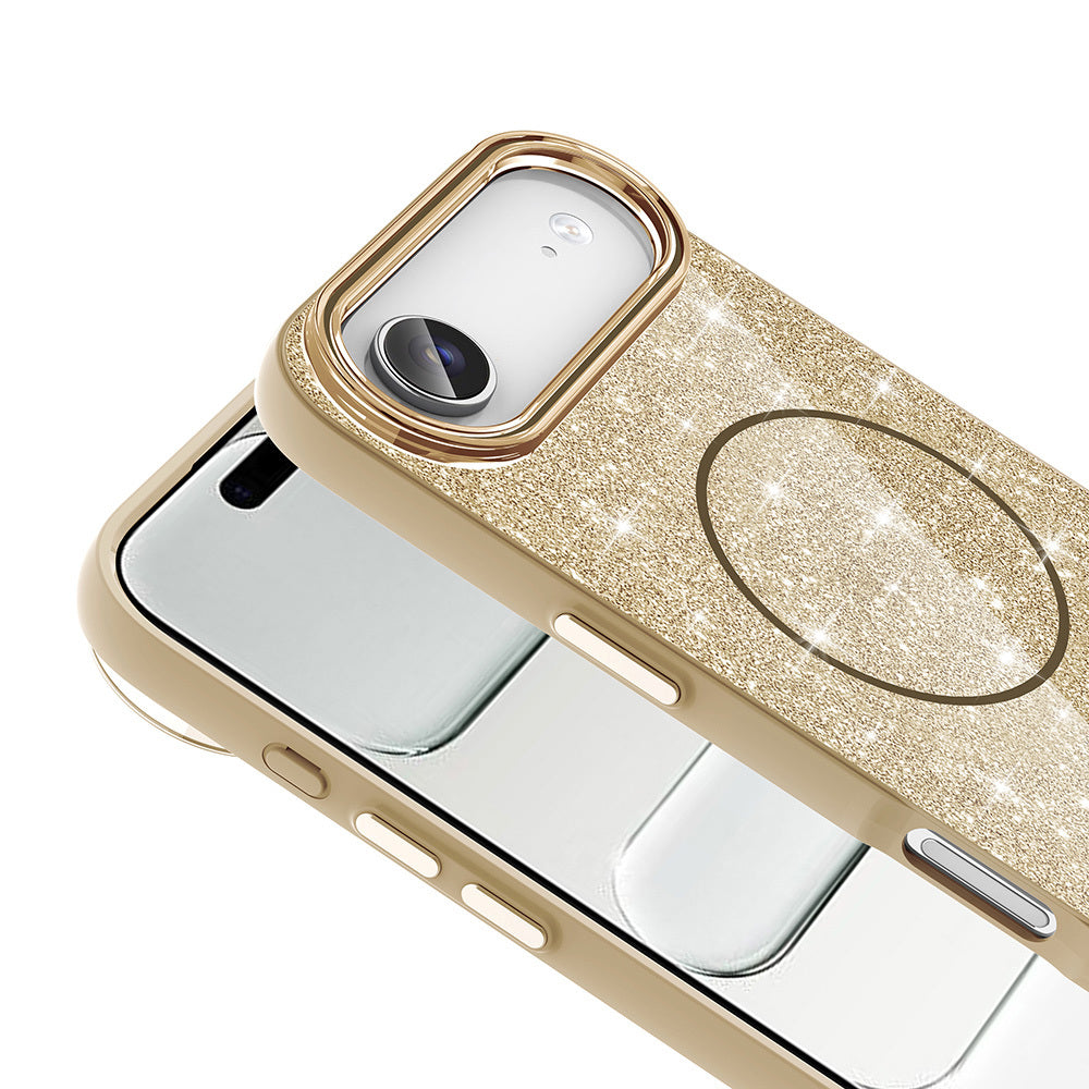 Apple iPhone 17 Air Kılıf M-safe Şarj Özellikli Parlayan Simli Zore Okso Kapak Pembe