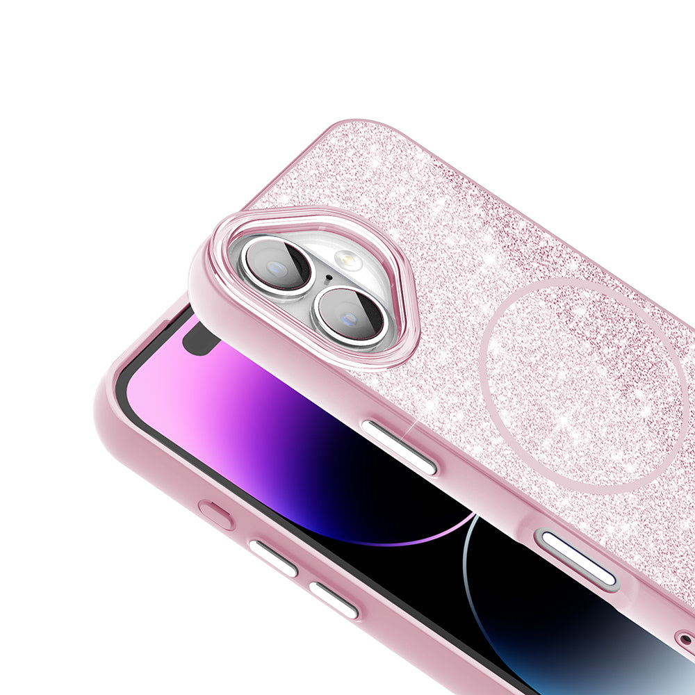 Apple iPhone 17 Kılıf M-safe Şarj Özellikli Parlayan Simli Zore Okso Kapak Pembe