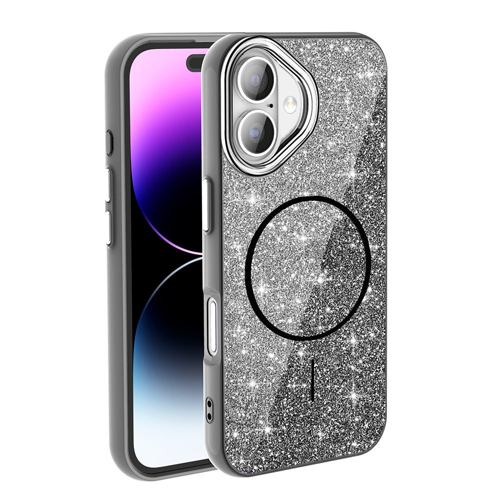 Apple iPhone 17 Kılıf M-safe Şarj Özellikli Parlayan Simli Zore Okso Kapak Siyah