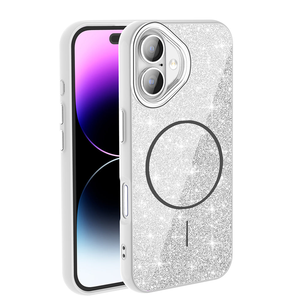 Apple iPhone 17 Kılıf M-safe Şarj Özellikli Parlayan Simli Zore Okso Kapak Beyaz