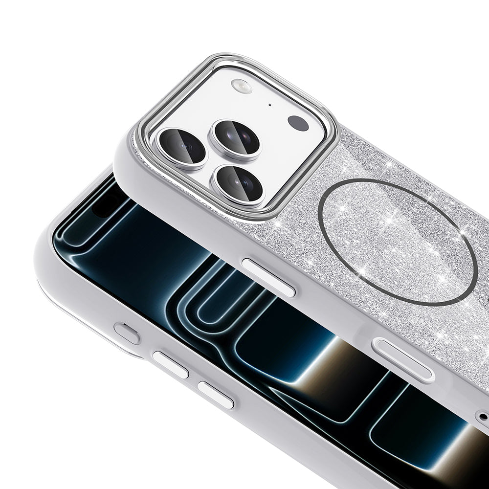 Apple iPhone 17 Pro Kılıf M-safe Şarj Özellikli Parlayan Simli Zore Okso Kapak Beyaz