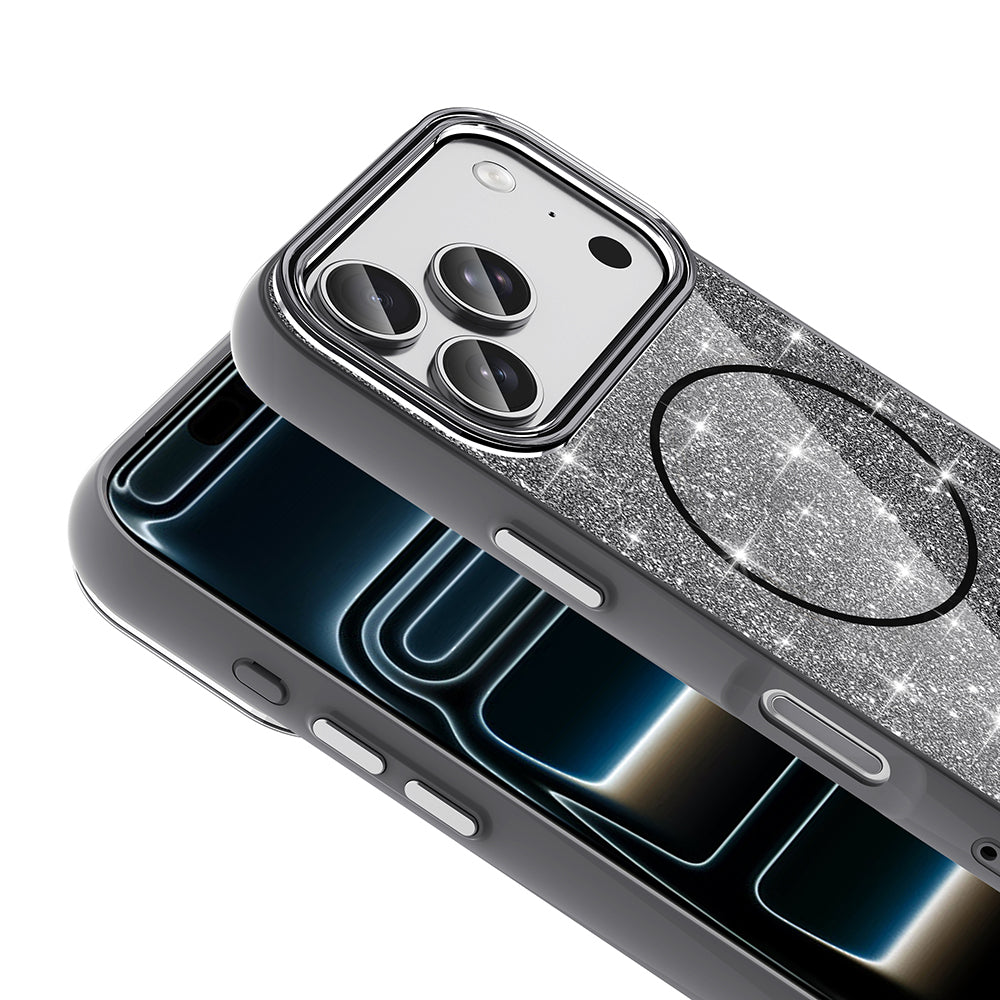 Apple iPhone 17 Pro Kılıf M-safe Şarj Özellikli Parlayan Simli Zore Okso Kapak Pembe