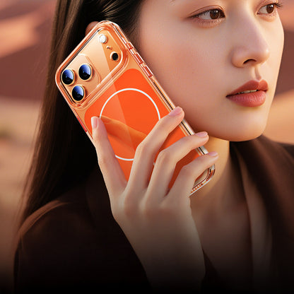 Apple iPhone 17 Pro Kılıf Zore M-safe Şarj Özellikli Şeffaf Kamera Kontrol Butonlu Lugano Kapak Turuncu