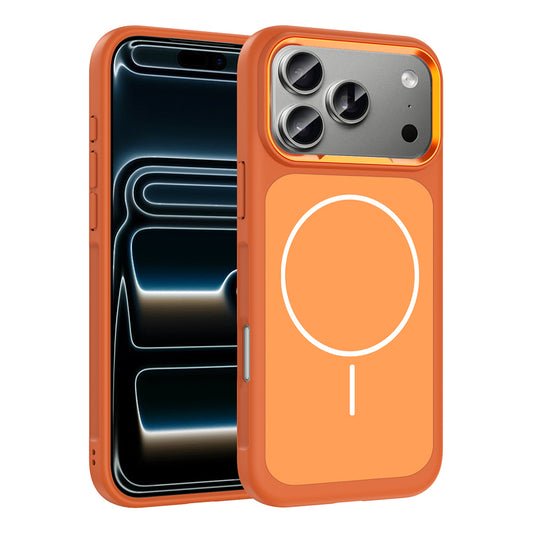 Apple iPhone 17 Pro Max Kılıf M-Safe Şarj Özellikli Metal Kamera Çerçeveli Zore Sanremo Silikon Kapak Turuncu