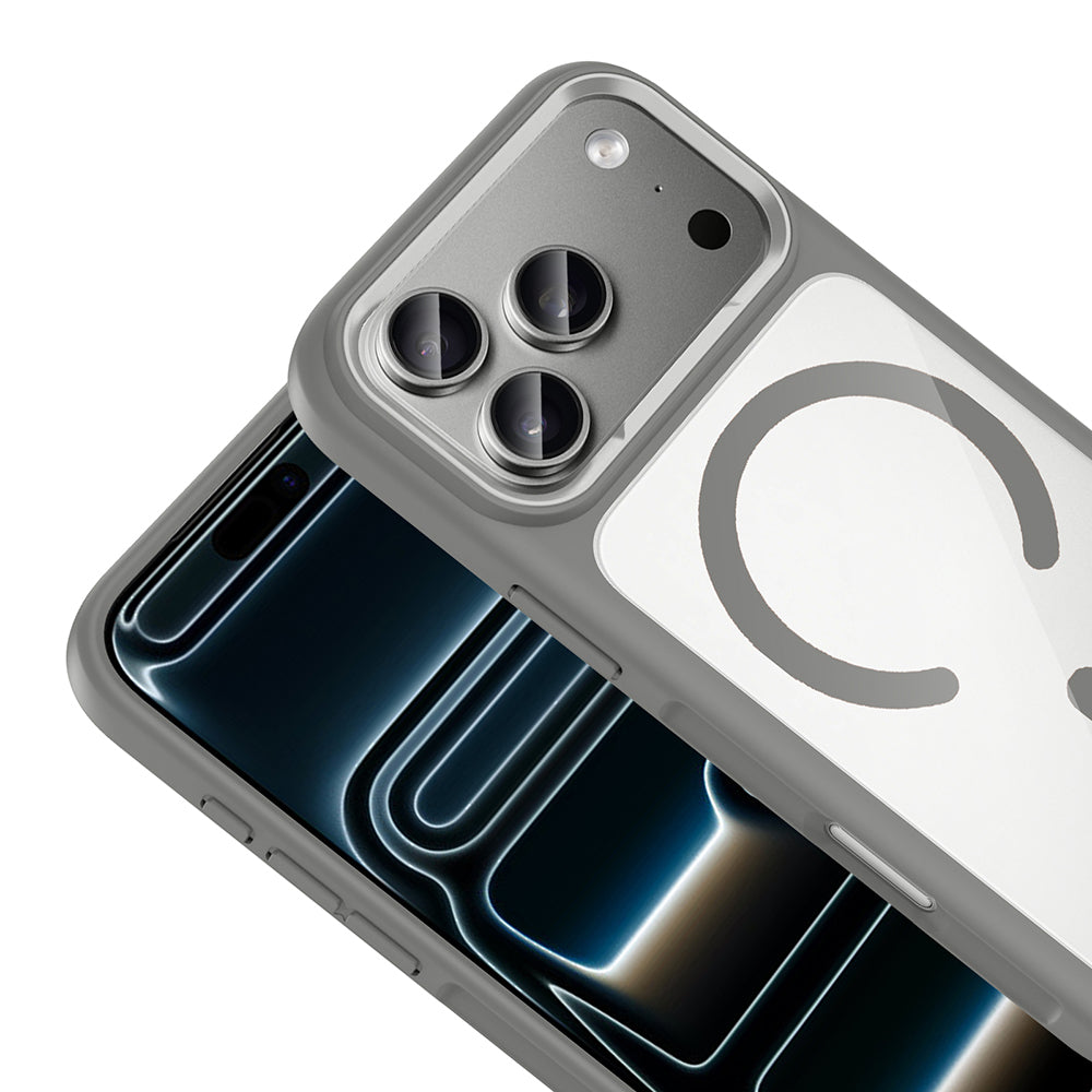 Apple iPhone 17 Pro Max Kılıf M-Safe Şarj Özellikli Metal Kamera Çerçeveli Zore Tiko Kapak Gri