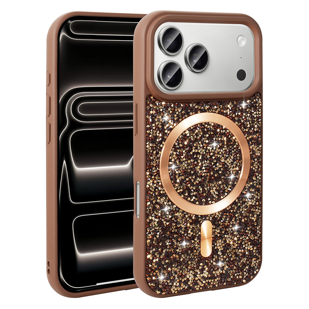 Apple iPhone 17 Pro Max Kılıf Pırlanta Tasarımlı M-safe Şarj Özellikli Zore Mozaik Silikon Kapak Desert Titanyum