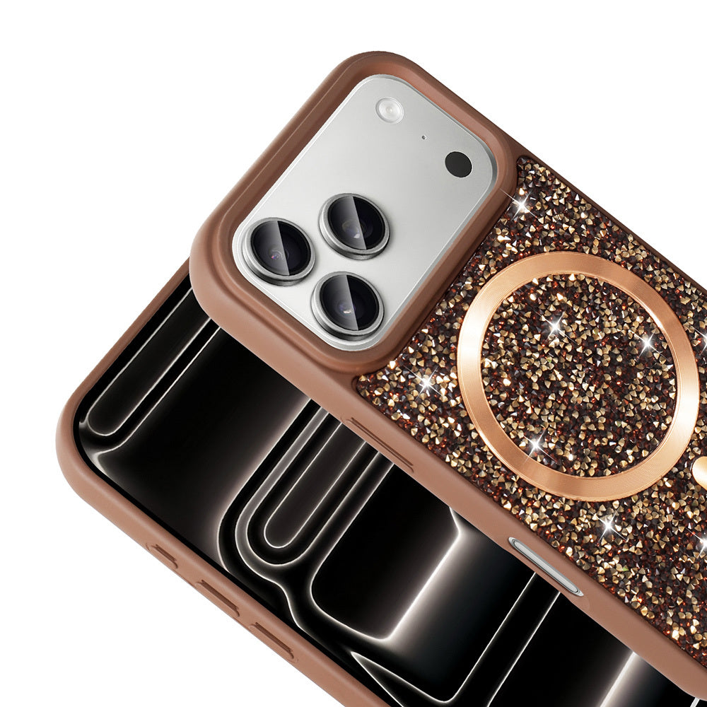 Apple iPhone 17 Pro Max Kılıf Pırlanta Tasarımlı M-safe Şarj Özellikli Zore Mozaik Silikon Kapak Desert Titanyum