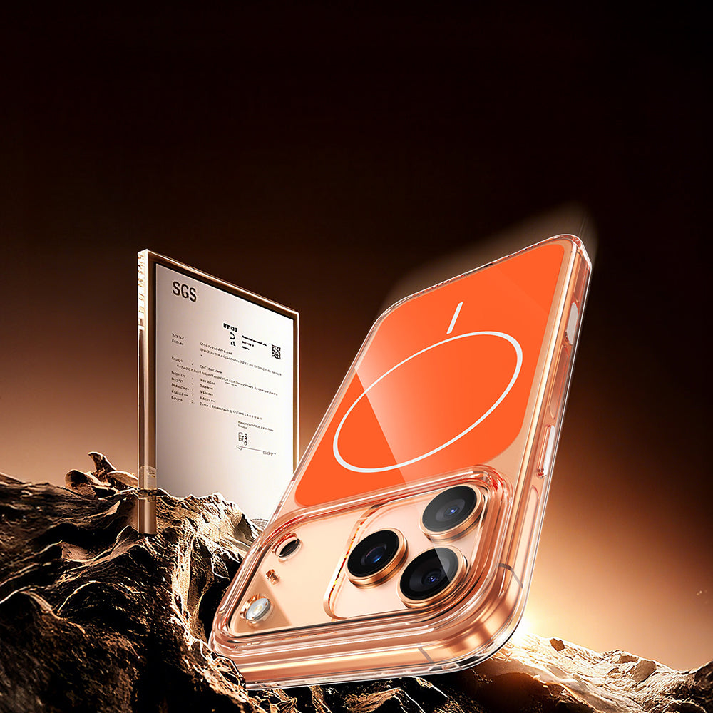 Apple iPhone 17 Pro Max Kılıf Zore M-safe Şarj Özellikli Şeffaf Kamera Kontrol Butonlu Lugano Kapak Turuncu