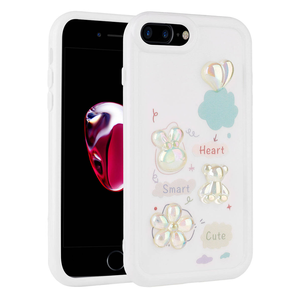 Apple iPhone 7 Plus Kılıf Kabartma Figürlü Parlak Zore Toys Silikon Kapak Beyaz