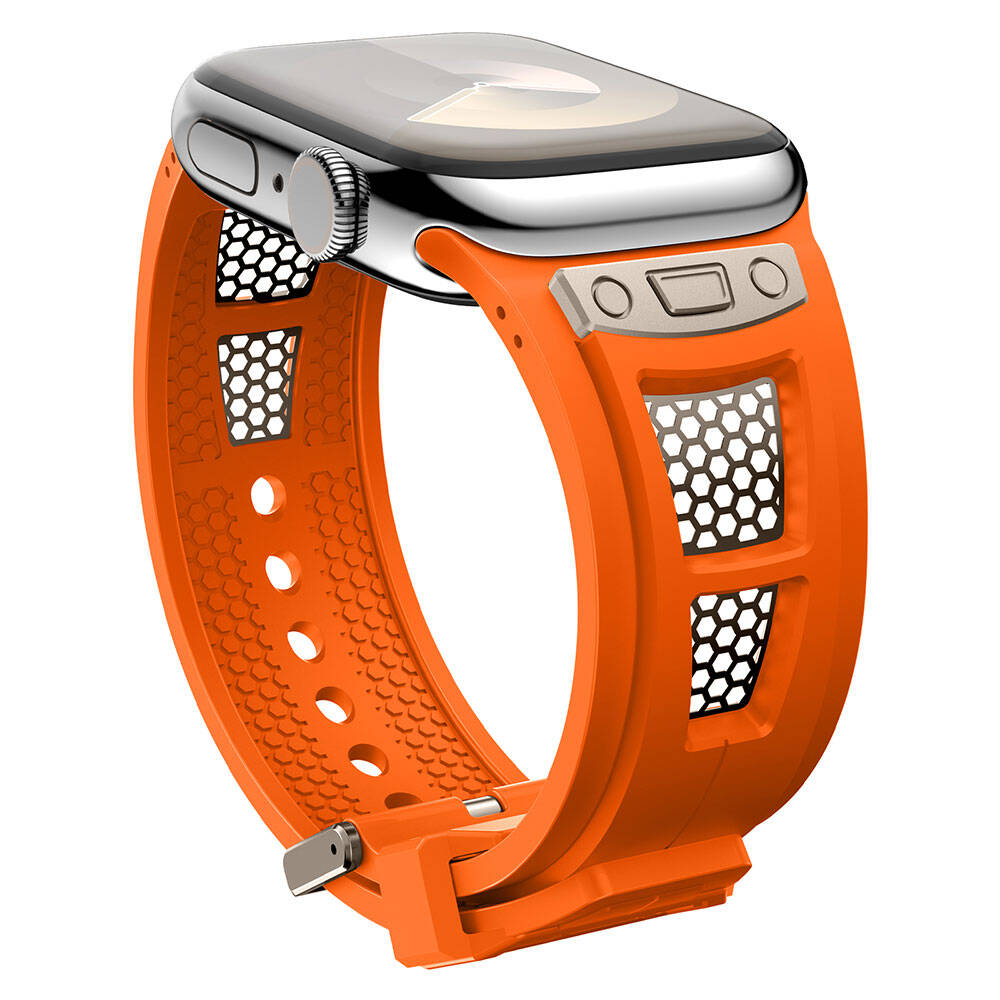 Apple Watch 42mm Zore KRD-117 Hava Alabilen Delikli Metal Süslemeli Desenli Silikon Kordon Titanyum-Siyah