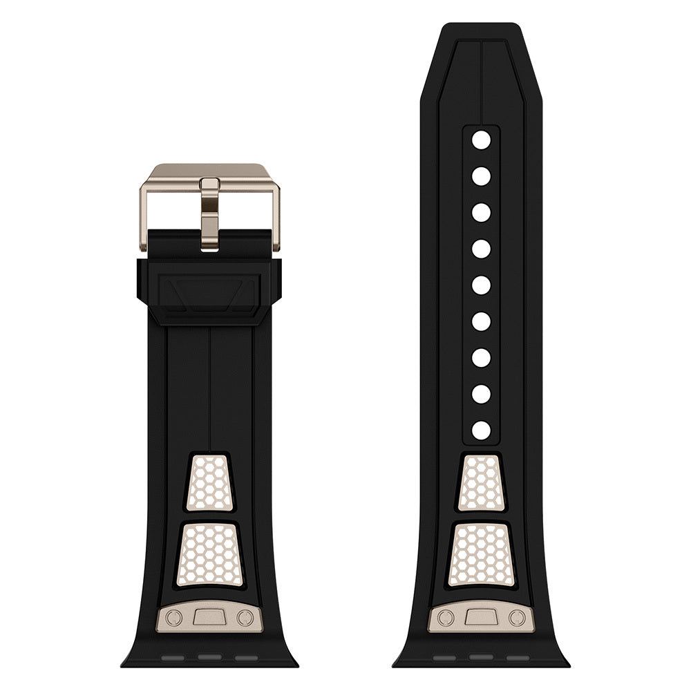 Apple Watch 42mm Zore KRD-117 Hava Alabilen Delikli Metal Süslemeli Desenli Silikon Kordon Titanyum-Starlight