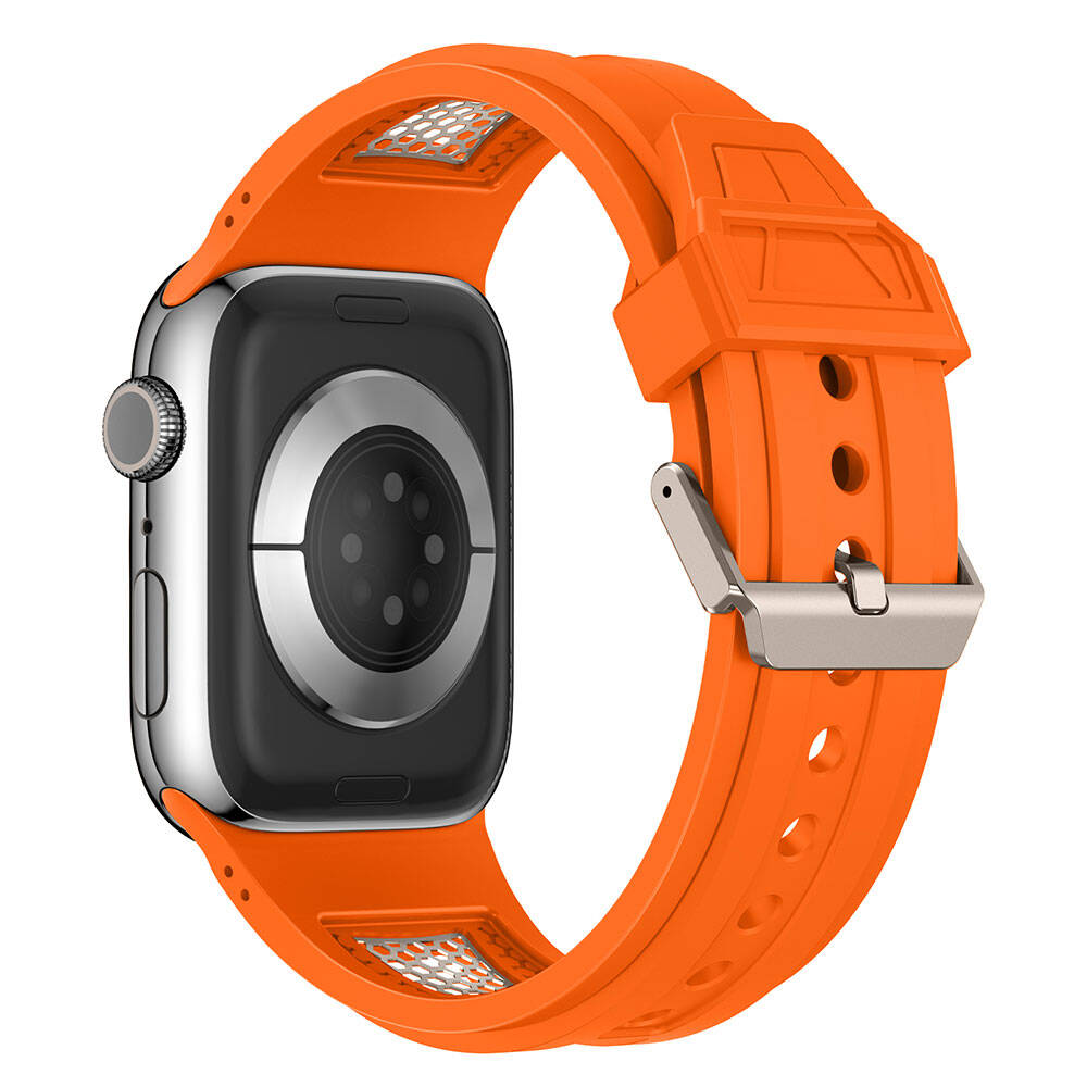 Apple Watch 44mm Zore KRD-117 Hava Alabilen Delikli Metal Süslemeli Desenli Silikon Kordon Titanyum-Turuncu