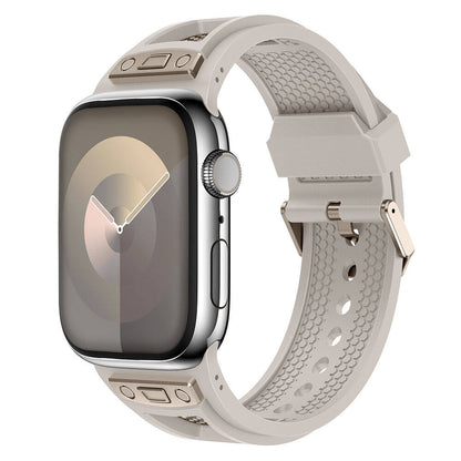 Apple Watch 44mm Zore KRD-117 Hava Alabilen Delikli Metal Süslemeli Desenli Silikon Kordon Titanyum-Siyah