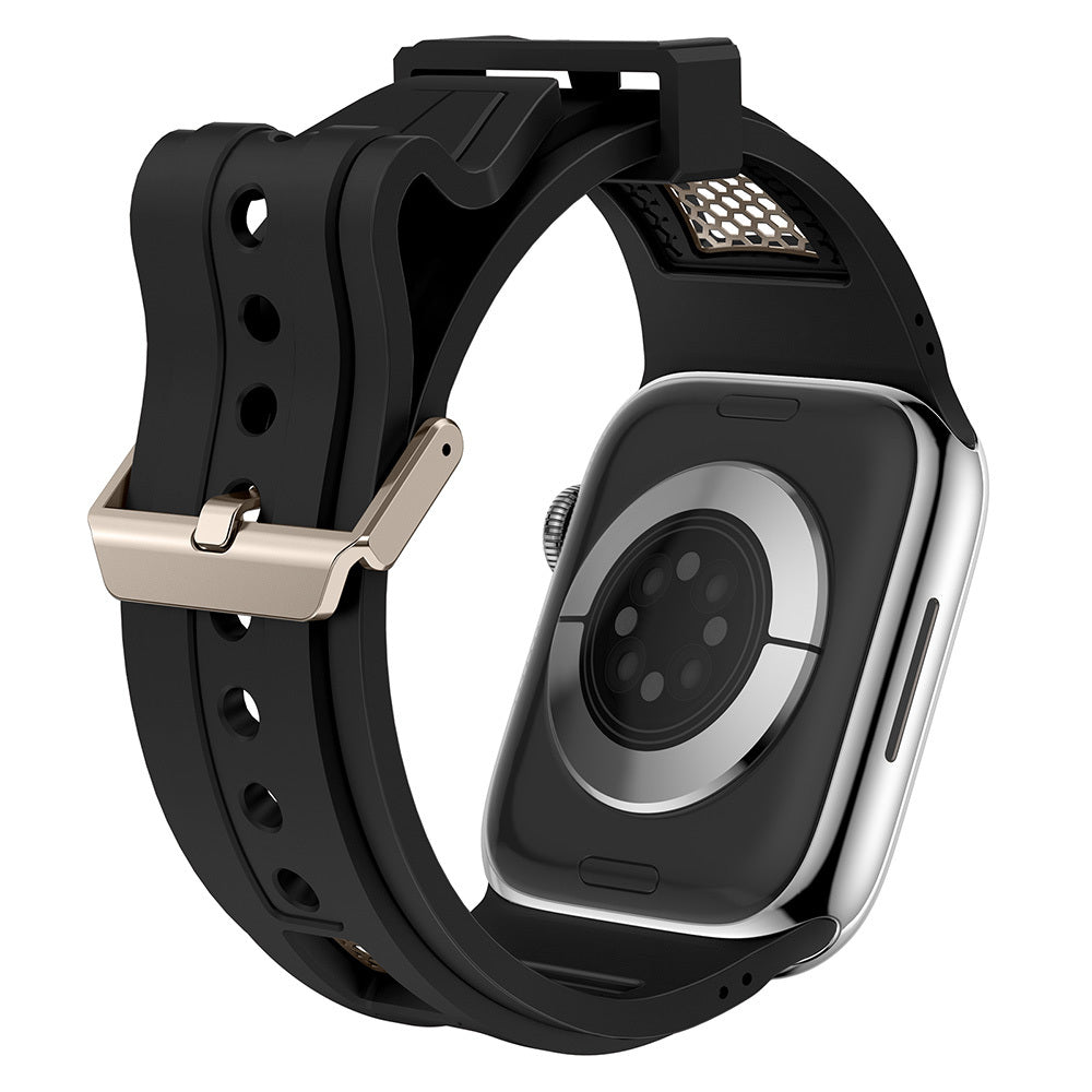 Apple Watch 44mm Zore KRD-117 Hava Alabilen Delikli Metal Süslemeli Desenli Silikon Kordon Titanyum-Siyah