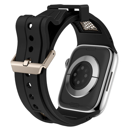 Apple Watch 44mm Zore KRD-117 Hava Alabilen Delikli Metal Süslemeli Desenli Silikon Kordon Titanyum-Yeşil