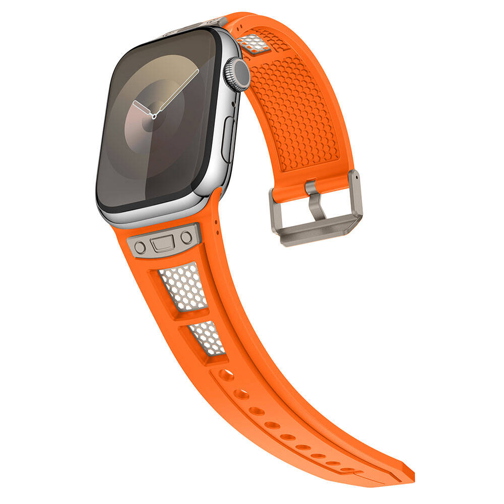 Apple Watch 7 45mm Zore KRD-117 Hava Alabilen Delikli Metal Süslemeli Desenli Silikon Kordon Titanyum-Turuncu