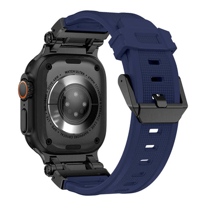 Apple Watch Ultra 49mm Zore KRD-101 Titanyum Metal Başlıklı Silikon Kordon Siyah-Mavi