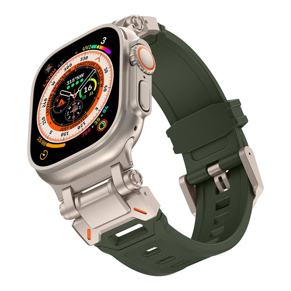 Apple Watch Ultra 49mm Zore KRD-101 Titanyum Metal Başlıklı Silikon Kordon Mavi-Titanyum