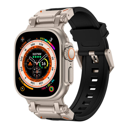Apple Watch Ultra 49mm Zore KRD-101 Titanyum Metal Başlıklı Silikon Kordon Siyah-Titanyum