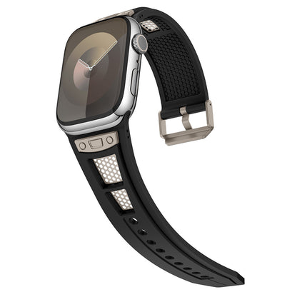 Apple Watch Ultra 49mm Zore KRD-117 Hava Alabilen Delikli Metal Süslemeli Desenli Silikon Kordon Titanyum-Turuncu