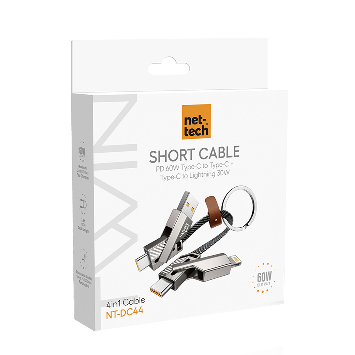 Nettech NT-DC44 4 in 1 60W İp Örgü USB To Micro + Lightning + Type-C Şarj ve Data Kablosu (Gri) NT-108315