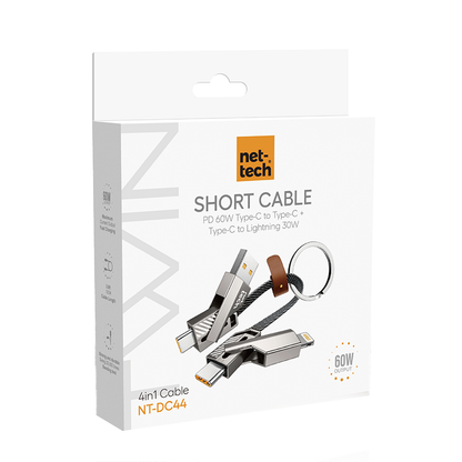 Nettech NT-DC44 4 in 1 60W İp Örgü USB To Micro + Lightning + Type-C Şarj ve Data Kablosu (Gri) NT-108315