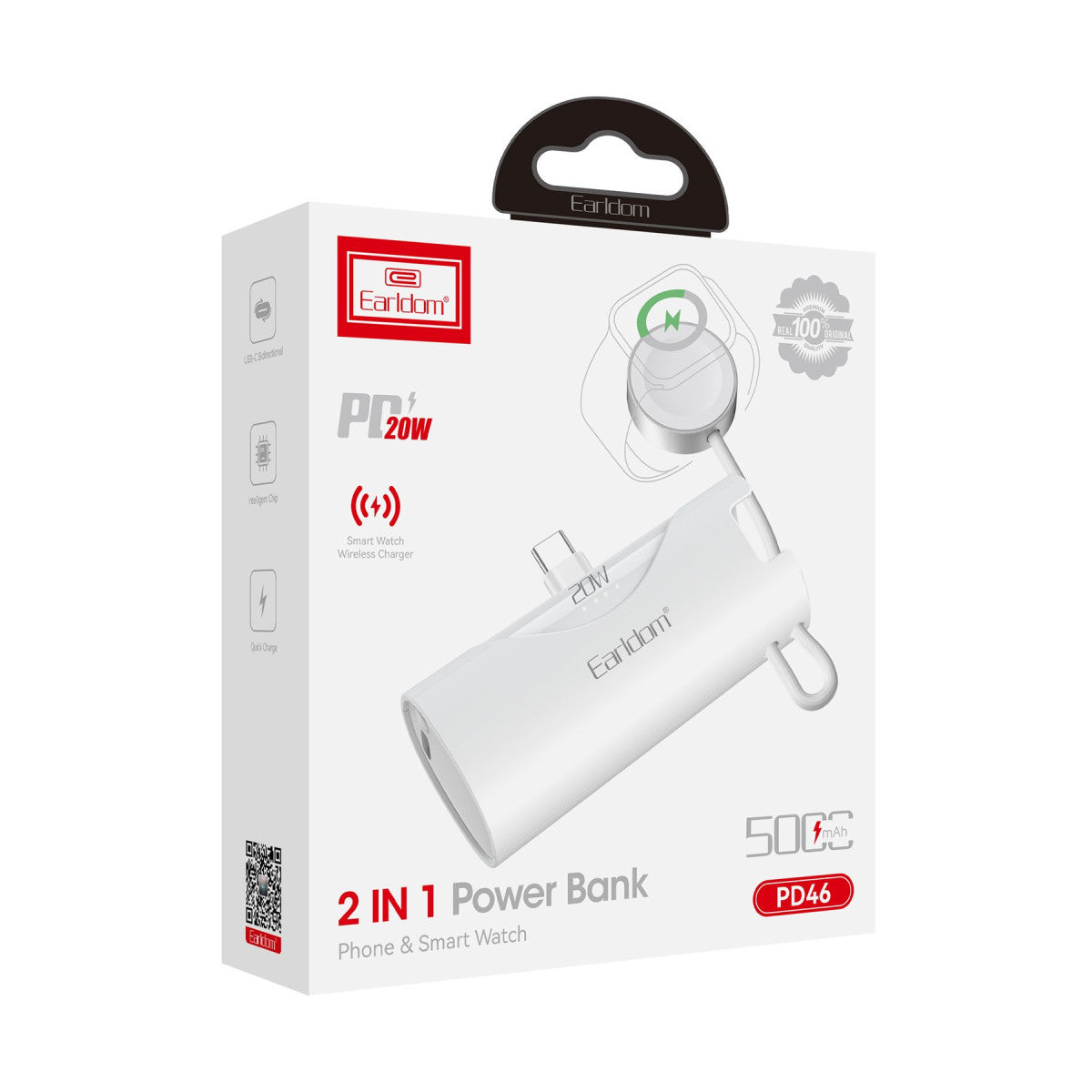 Earldom PD46 5.000 mAh 20W Dahili Type-C Çıkışlı Ekstra Dahili 2.5W Saat Şarj Kablolu PD Hızlı Şarj Mini Powerbank