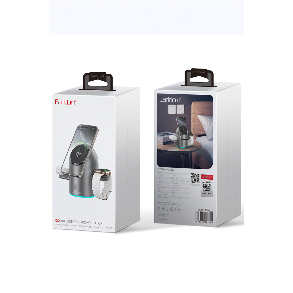 Earldom WC76 3in1 15W Telefon 2.5W Saat ve 5W Airpods İçin Dönebilen Kablosuz Şarj Standı