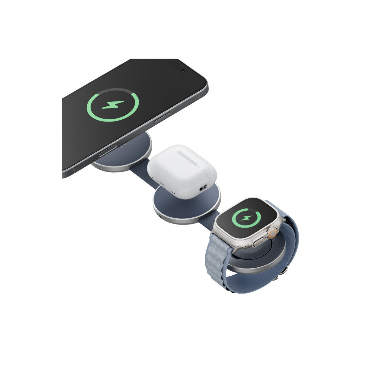 Energea AluMag Trio 3in1 Katlanabilir Qi2 Destekli 15W Telefon Saat Airpods Masaüstü Hızlı Şarj Standı