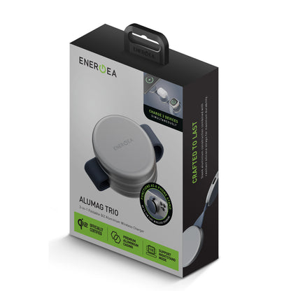 Energea AluMag Trio 3in1 Katlanabilir Qi2 Destekli 15W Telefon Saat Airpods Masaüstü Hızlı Şarj Standı