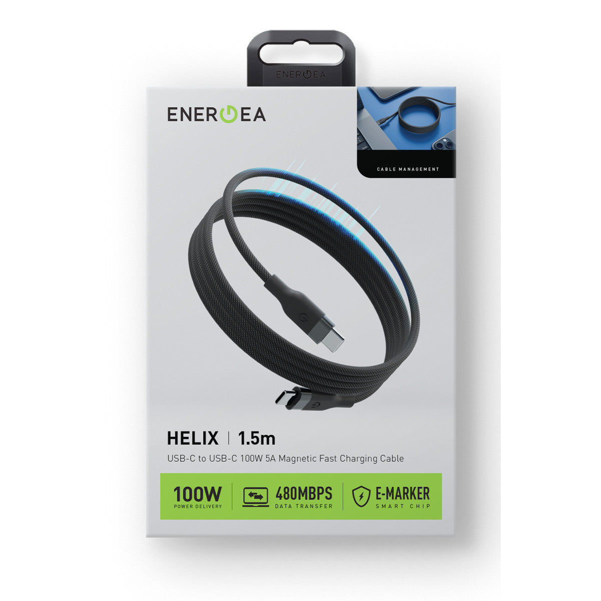 Energea Helix 1.5M 100W Manyetik Katlanma Özellikli Type-C to Type-C PD Hızlı Şarj Kablo
