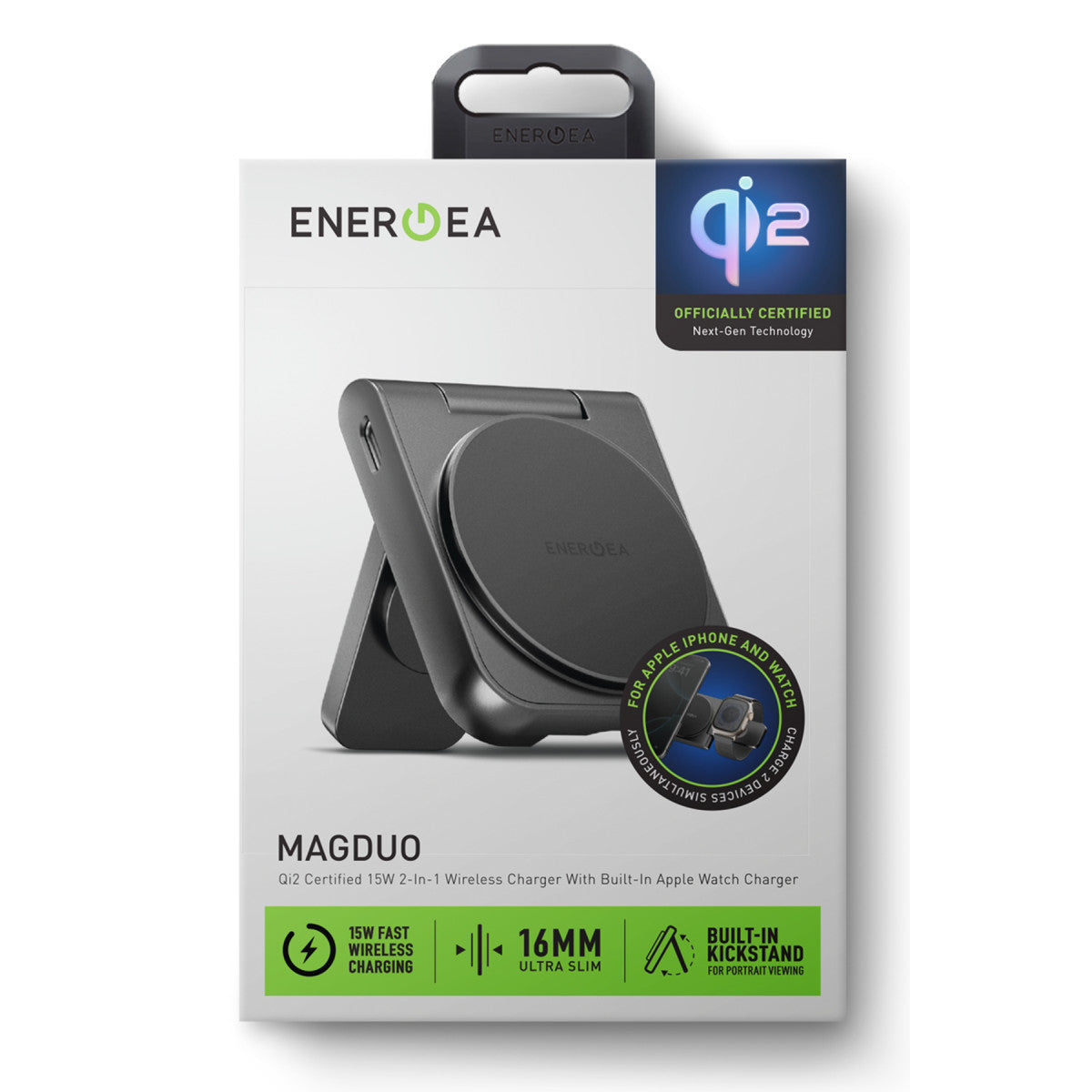 Energea MagDuo 2in1 Katlanabilir 15W Telefon ve 2.5W Saat Masaüstü Hızlı Şarj Standı