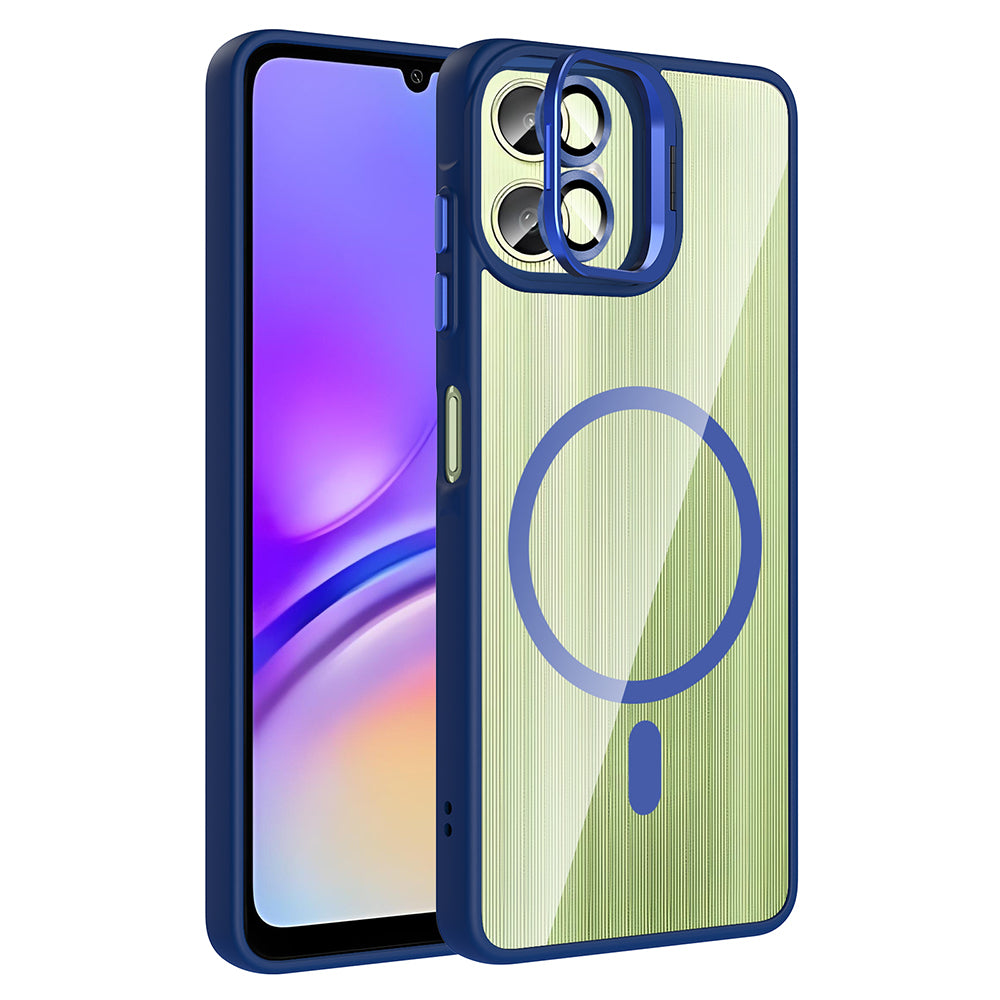 Galaxy A06 Kılıf Standlı ve Kamera Lens Hediyeli M-Safe Şarj Özellikli Zore Etro Kapak Lacivert