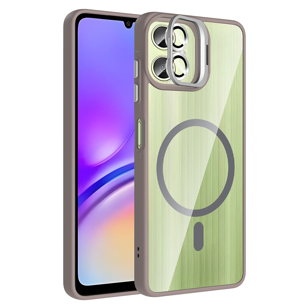 Galaxy A06 Kılıf Standlı ve Kamera Lens Hediyeli M-Safe Şarj Özellikli Zore Etro Kapak Gri