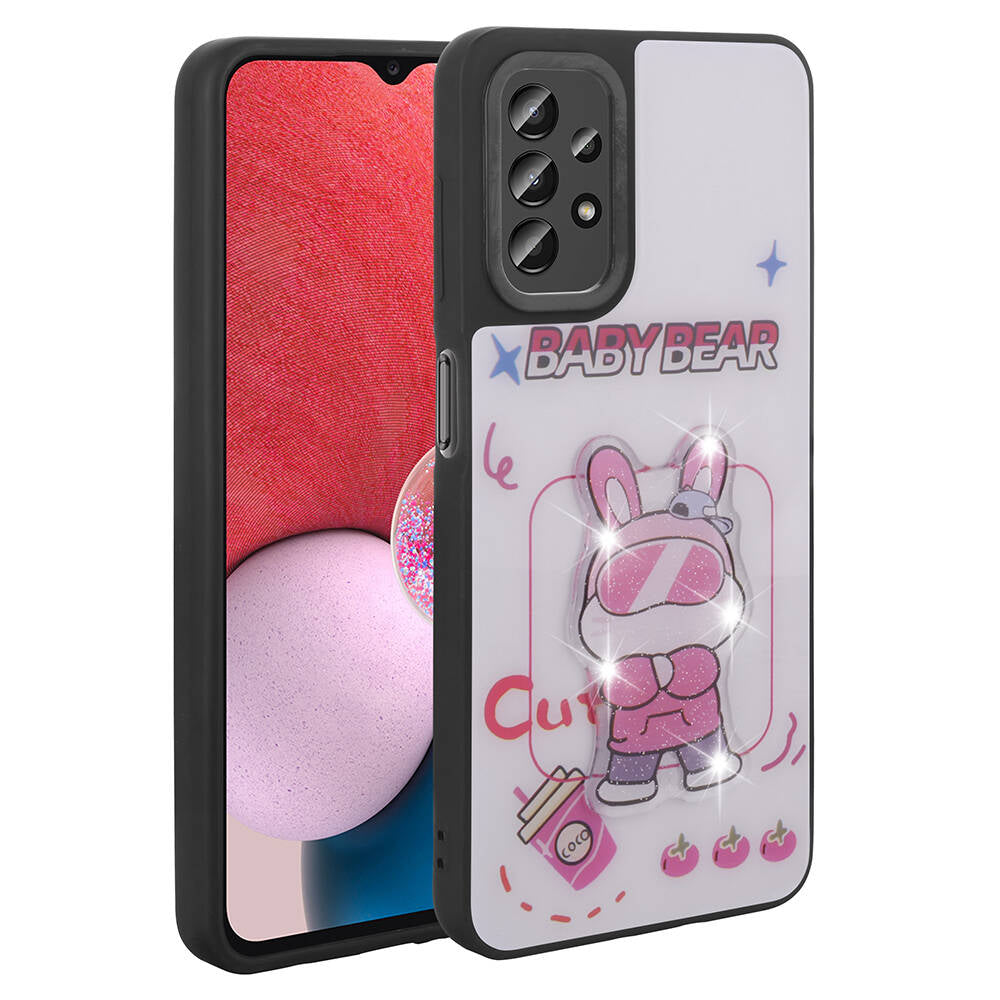 Galaxy A13 4G Kılıf Parlayan Kabartmalı İkonik Figürlü Zore Amas Silikon Kapak Pembe