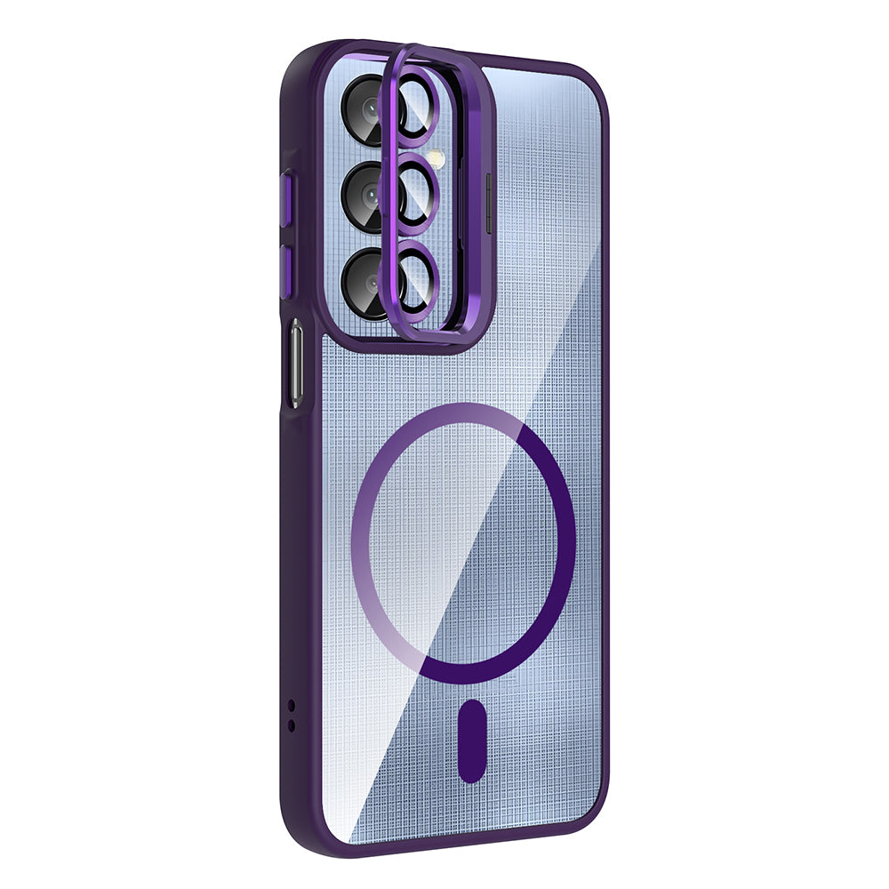 Galaxy A16 Kılıf Standlı ve Kamera Lens Hediyeli M-Safe Şarj Özellikli Zore Etro Kapak Derin Mor