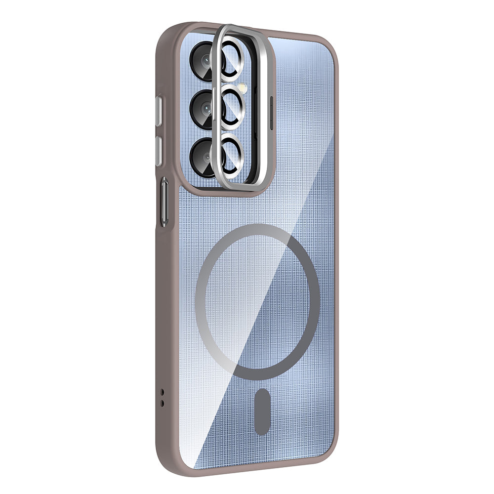 Galaxy A16 Kılıf Standlı ve Kamera Lens Hediyeli M-Safe Şarj Özellikli Zore Etro Kapak Desert Titanyum