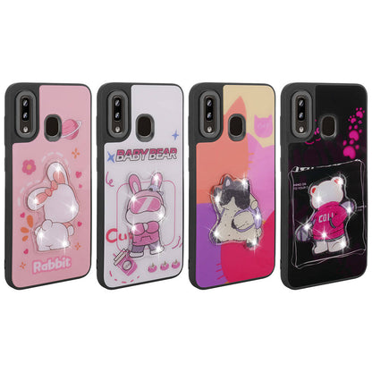 Galaxy A20 Kılıf Parlayan Kabartmalı İkonik Figürlü Zore Amas Silikon Kapak Mor